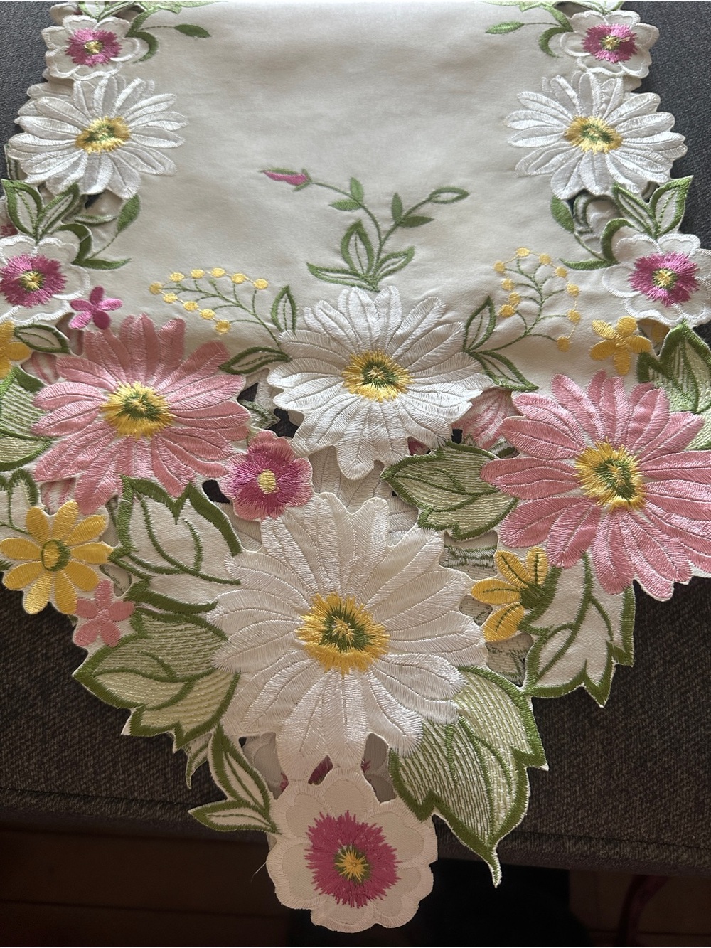 Embroidered Floral Table Runner - White, Pink & Yellow (68 Inches)